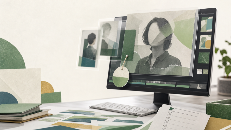 Layered campaign-media portraits on an editing screen with a disclosure tag.