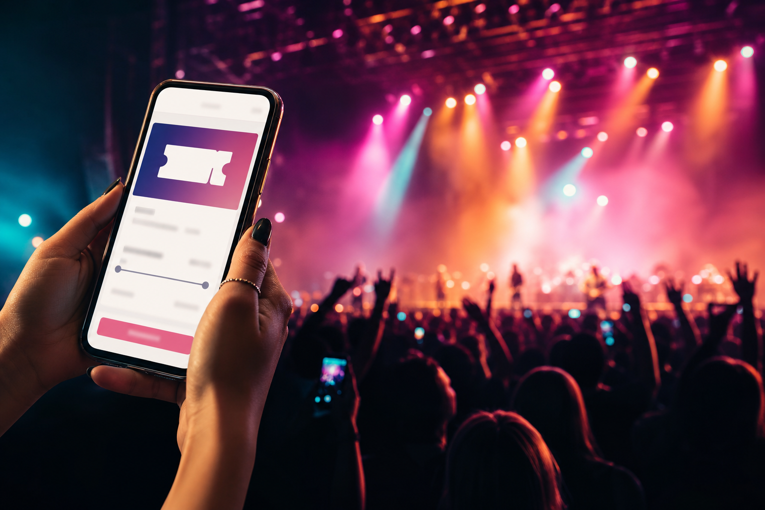 A phone displaying a concert ticket is held above a vibrant live-music crowd.