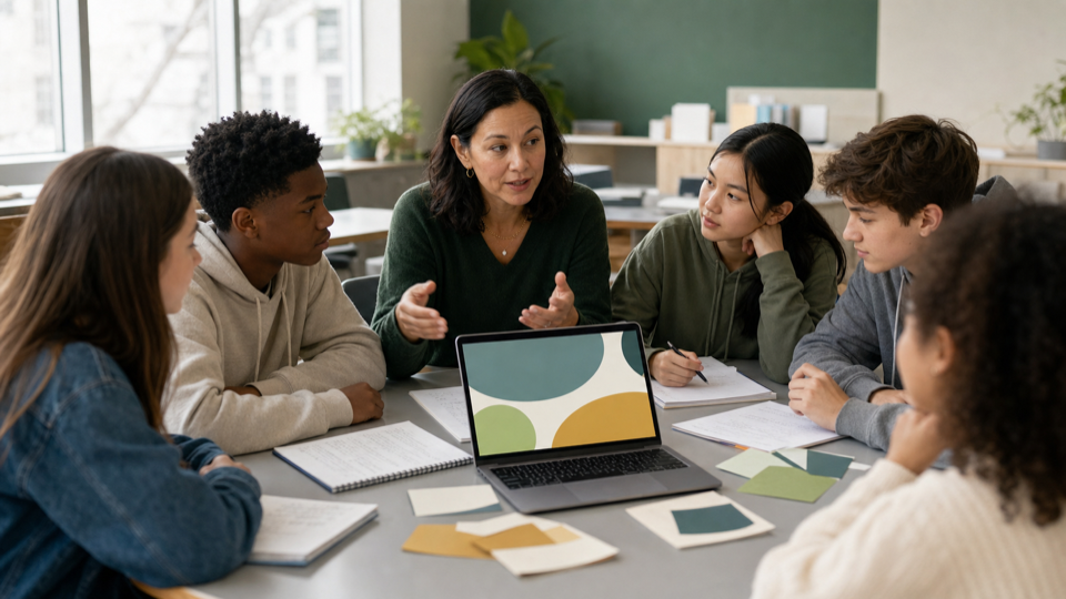 A teacher and students discussing notes around a laptop in a classroom workshop.