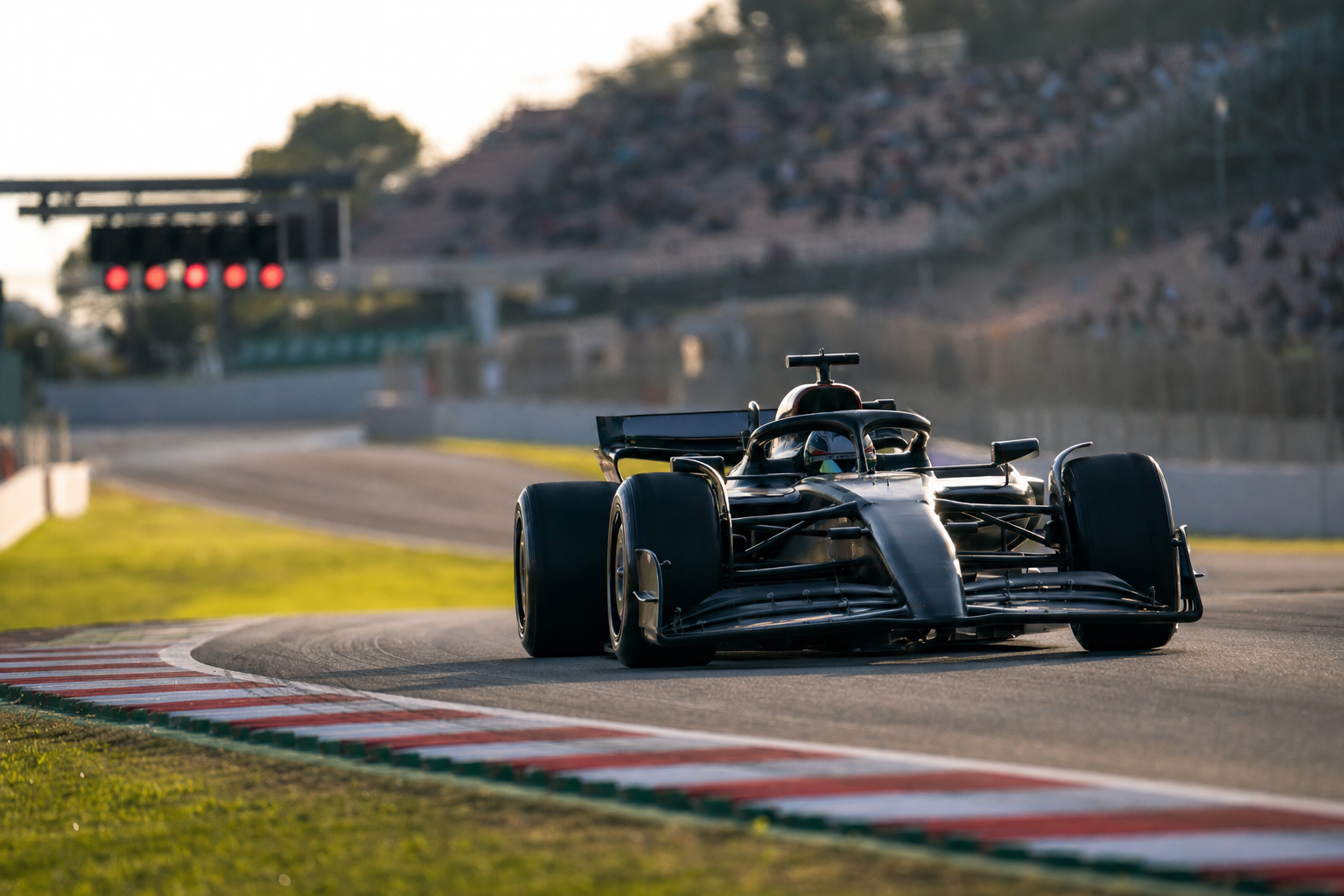A black open-wheel race car speeds through a sweeping corner on a modern circuit.