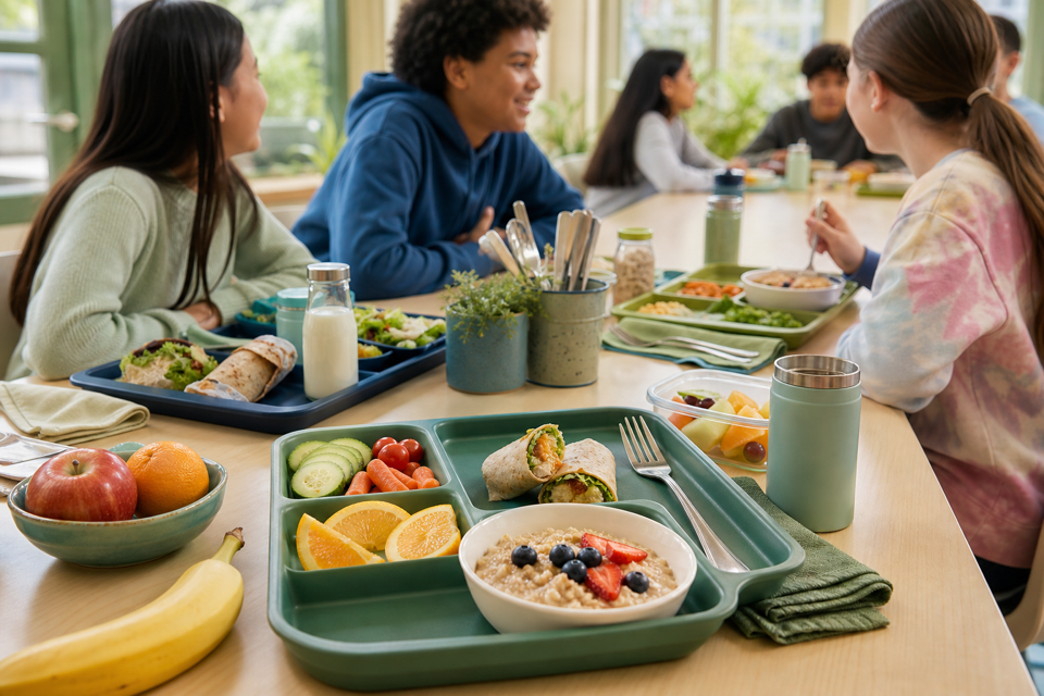 Students gathered around a cafeteria table with varied nutritious school meals.
