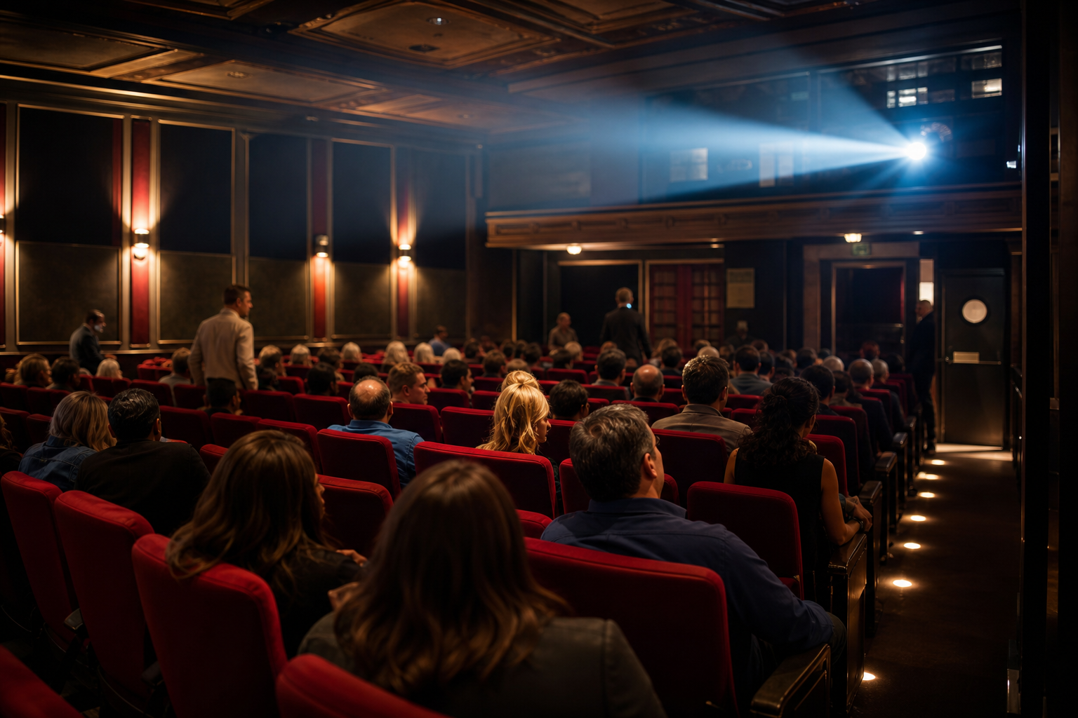 An audience watches a film in a classic movie theater beneath a bright projector beam.