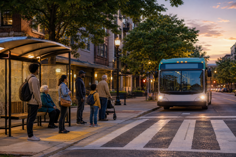 Residents waiting at a lit neighborhood bus shelter as a bus approaches.