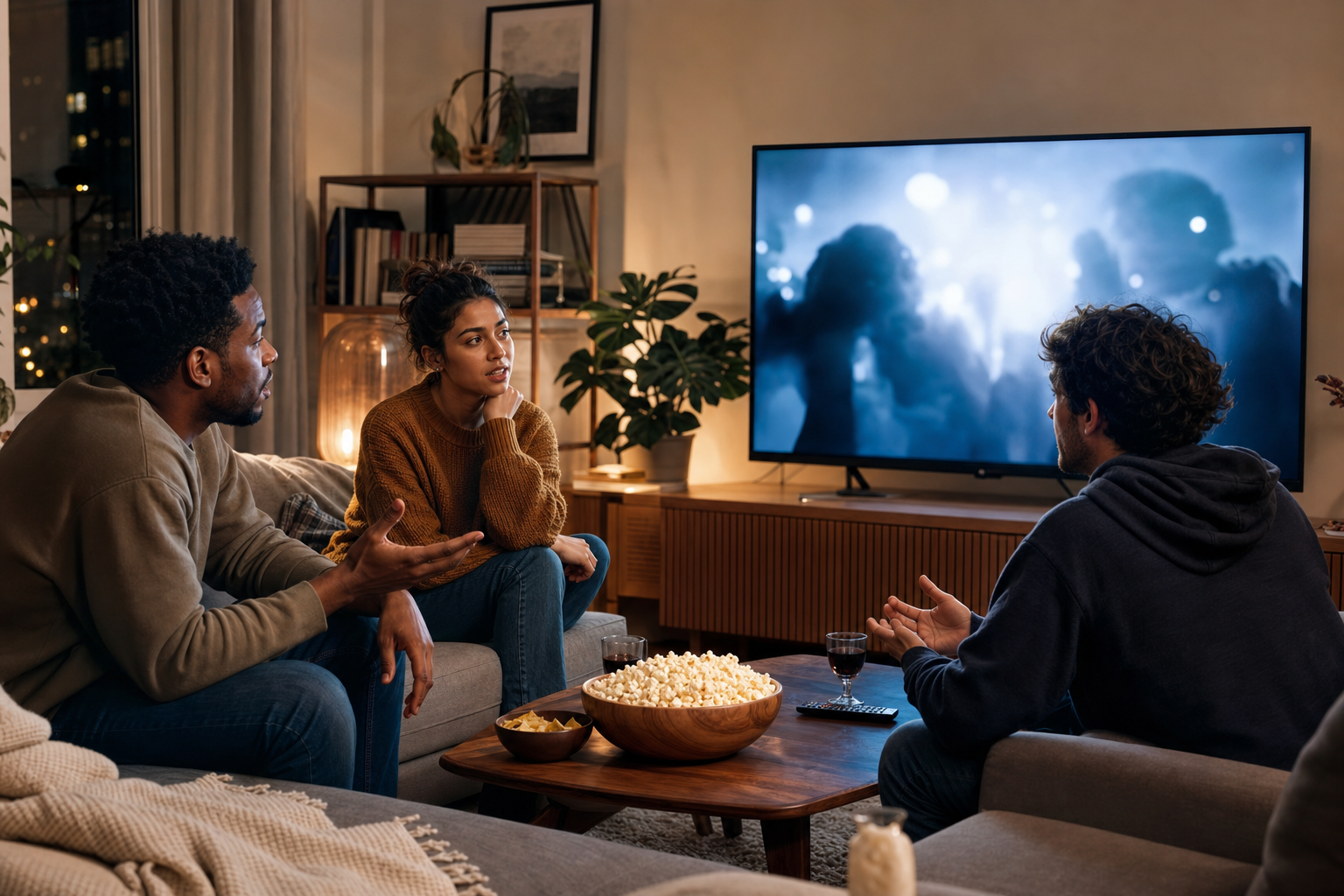 Three friends discuss a television series together in a warmly lit living room.